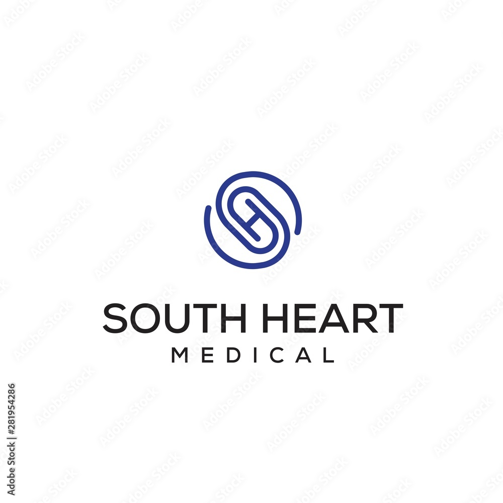 Initial letter SH logo with paper clip or pills shapes on the center Initial letter SH logo with paper clip or pills shapes on the center