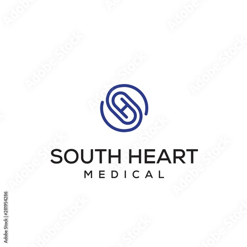 Initial letter SH logo with paper clip or pills shapes on the center