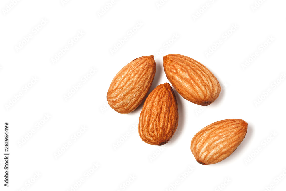 Closeup almonds nut isolated on white background. Closeup almonds nut isolated on white background.