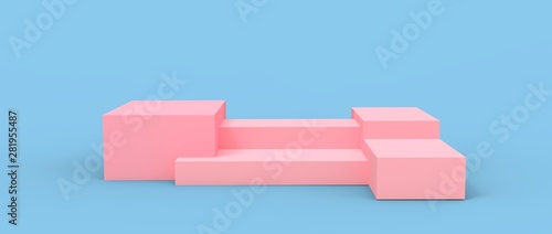 Render tridimensional de podio con diferentes niveles para presentación de producto con diferentes materiales coloridos  y texturas. Ilustración 3d