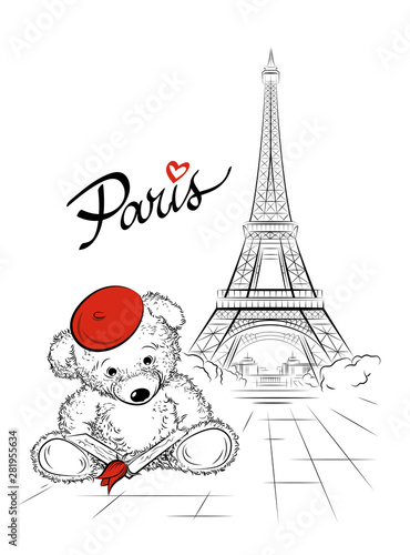 Postcard with Teddy bear and Eiffel tower from Paris, France. Vector illustration