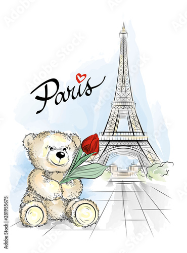 Postcard with Teddy bear and Eiffel tower from Paris, France. Vector illustration