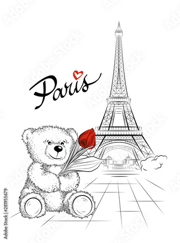 Postcard with Teddy bear and Eiffel tower from Paris, France. Vector illustration
