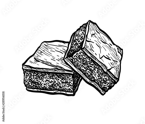 Ink sketch of chocolate brownie.