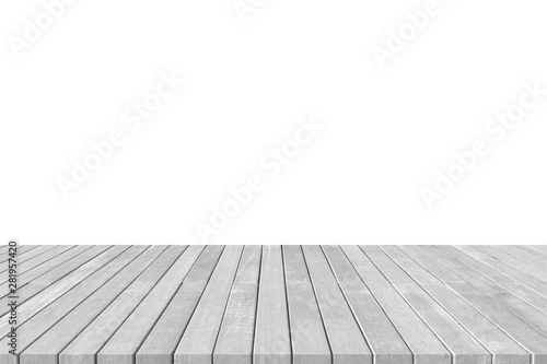 Wooden floor deck or terrace in grey isolated on white wall background