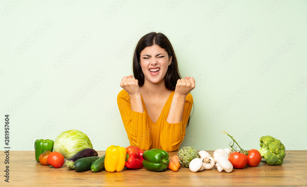Teenager girl with many vegetables frustrated by a bad situation Teenager girl with many vegetables frustrated by a bad situation