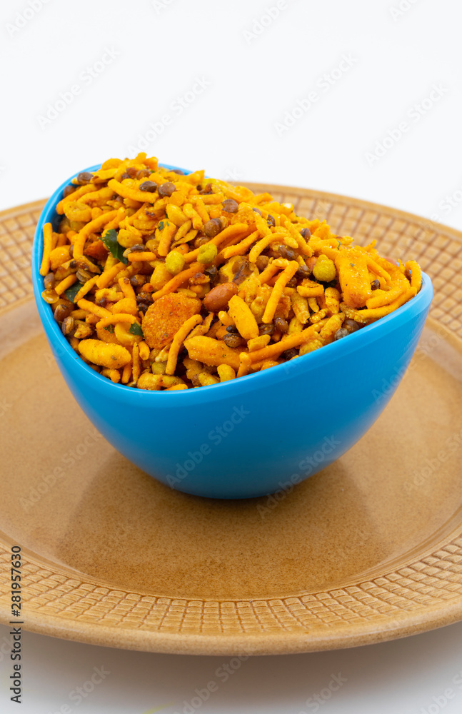 Indian Traditional Namkeen Food on White Background Indian Traditional Namkeen Food on White Background