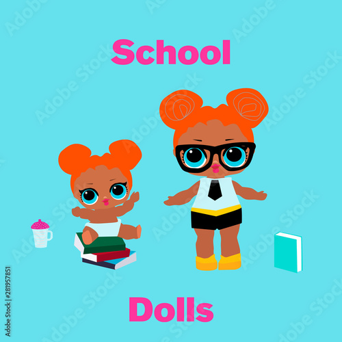 Cute school Doll and her child with big blue eyes and red hair