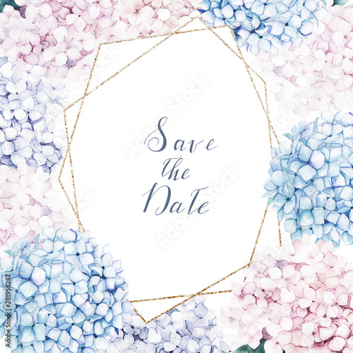 Watercolor floral card with  hydrangea. Hand drawn illustration. Wedding frame