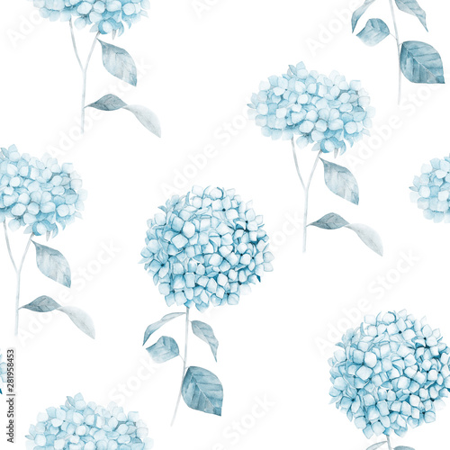 Watercolor seamless pattern. Vintage print with hortensia flowers. Hand drawn...