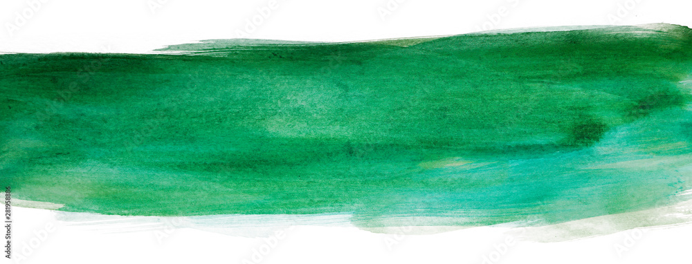 Watercolor green strip with paper texture, watercolor hand drawing multilayer. Bar, band horizontal element background for design, greeting card, web design and printing. - obrazy, fototapety, plakaty 