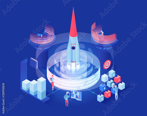Launching shuttle in space isometric illustration. Futuristic space exploration research center workers cartoon characters. Engineers, navigation operators monitoring 3d spaceship, rocket liftoff