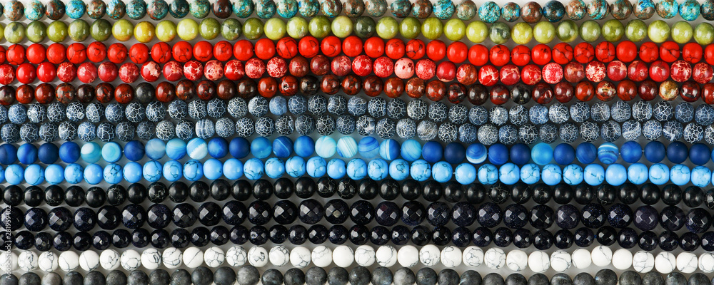 Banner of various bright beads. Beads background Banner of various bright beads. Beads background