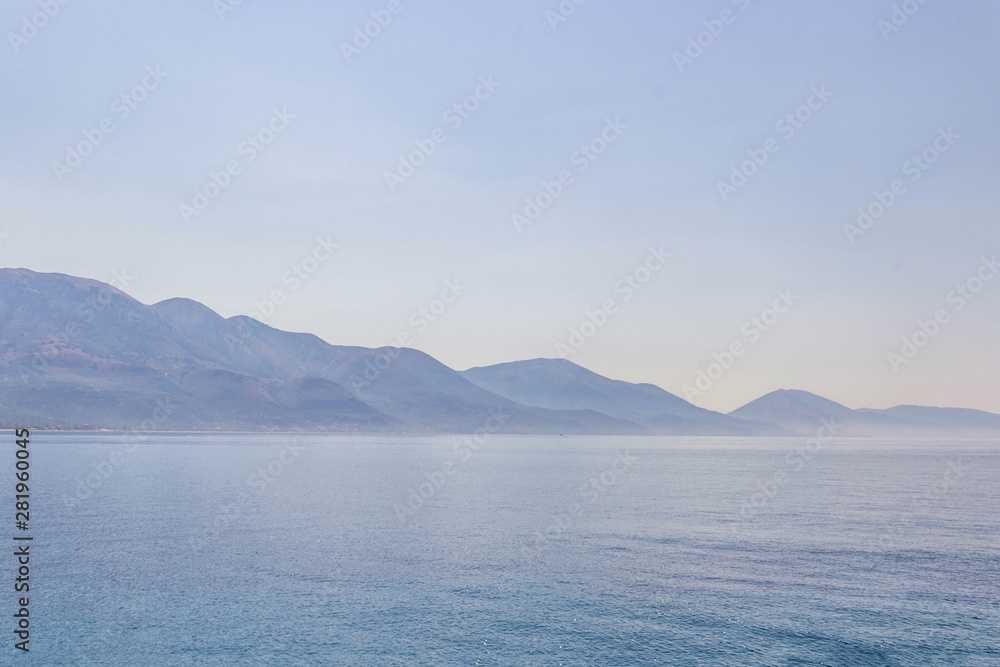 Landscape with water and mountains in the background, Albania Landscape with water and mountains in the background, Albania