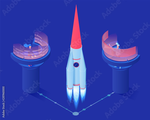 Space rocket launch vector isometric illustration. Space station workers, engineers monitoring 3d shuttle liftoff. Research center experts, navigation operators working at futuristic AR screens