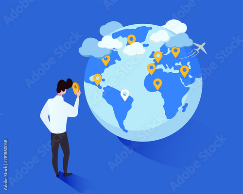 International tourism vector isometric illustration. Cartoon man placing geotags on globe cartoon character. Tourist planning future foreign trips destinations, traveler marking journeys wishlist