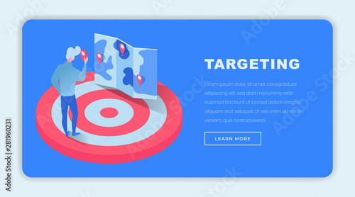 Targeting isometric landing page template. 3d finance expert, investor, businessman on dartboard choosing future projects niche on map. Targeted marketing consultancy website page design layout