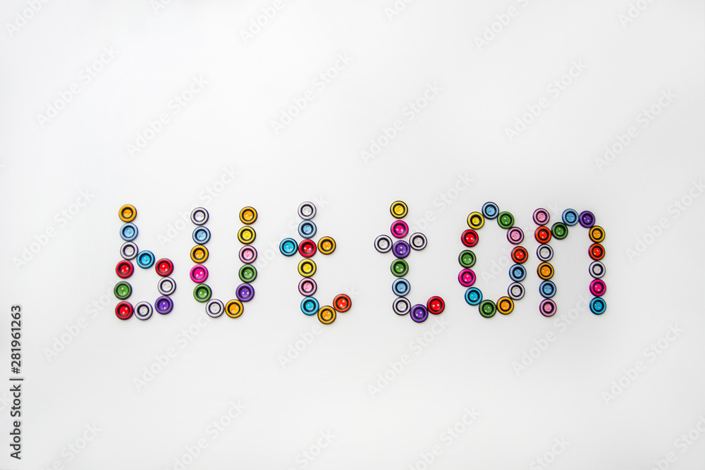 word button made of multicolored round buttons on white background