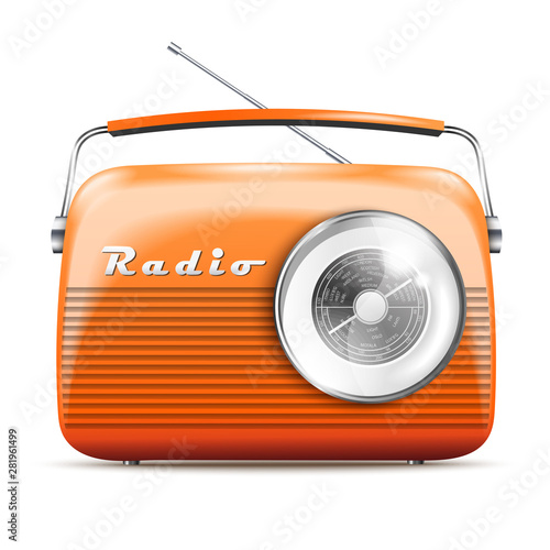 3d realistic orange retro radio. Isolated Vector illustration