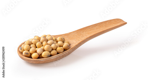 soy beans in wood spoon isolated on white background