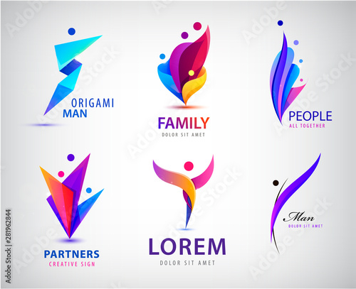 Vector set of men, people group, family logos. Child adoption logo collection and charitable foundations