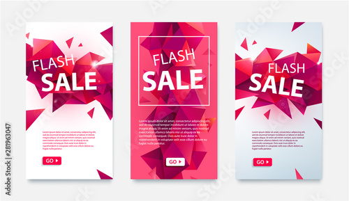Vector set of geometric social media banners for online shopping, flash sale. Low poly facet red illustrations for website and mobile banners, posters, email designs