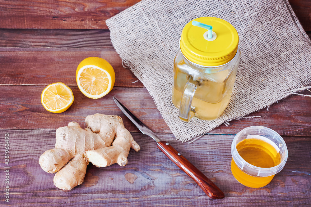 Homemade soft drink in a switchel in a mason jar