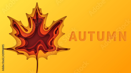 Autumn text greeting in banner design on an orange background. Label maple tree silhouette. Paper cut and craft. Vector illustration