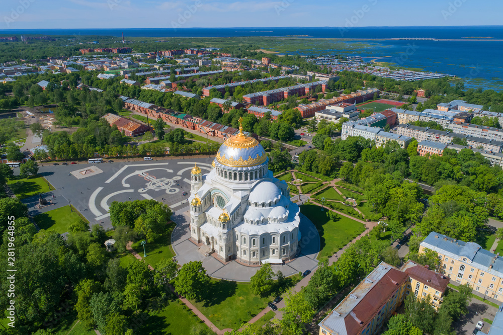 St. Nicholas Naval Cathedral in the cityscape on a sunny June day (aerial photography). Kronstadt, Russia