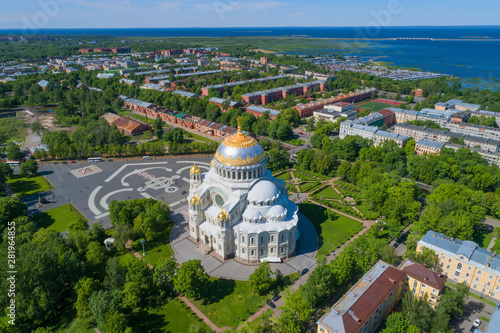 St. Nicholas Naval Cathedral in the cityscape on a sunny June day (aerial photography). Kronstadt, Russia