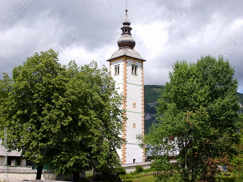 Church of Sv. John the Baptist and a bridge by the Bohinj lake photo