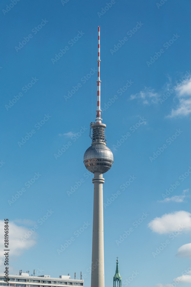  Close up view of the Fernsehturm, an iconic TV tower in the center of Berlin, near Alexanderplatz, designed by Hermann Henselmannn and now a tourist landmark
