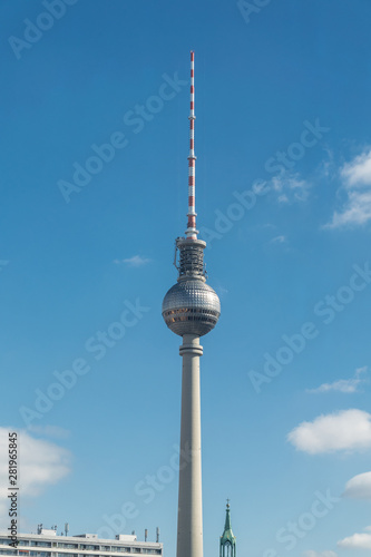  Close up view of the Fernsehturm, an iconic TV tower in the center of Berlin, near Alexanderplatz, designed by Hermann Henselmannn and now a tourist landmark