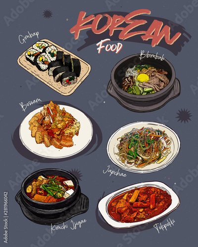 Korean food menu restaurant. Korean food sketch menu.