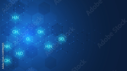 Abstract chemistry pattern on dark blue background with chemical formulas and molecular structures. Template design with concept and idea for science and innovation technology.