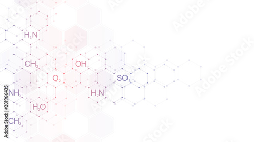 Abstract chemistry pattern on clean white background with chemical formulas and molecular structures. Template design with concept and idea for science and innovation technology.