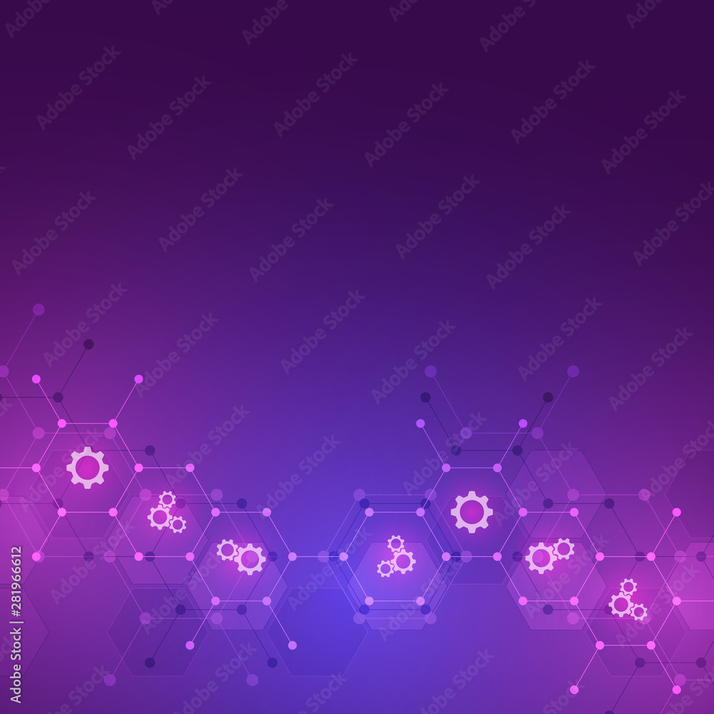 Fototapeta premium Abstract technology background with flat icons and symbols. Template design with concept and idea for innovation technology, medical, science and research. Vector illustration.