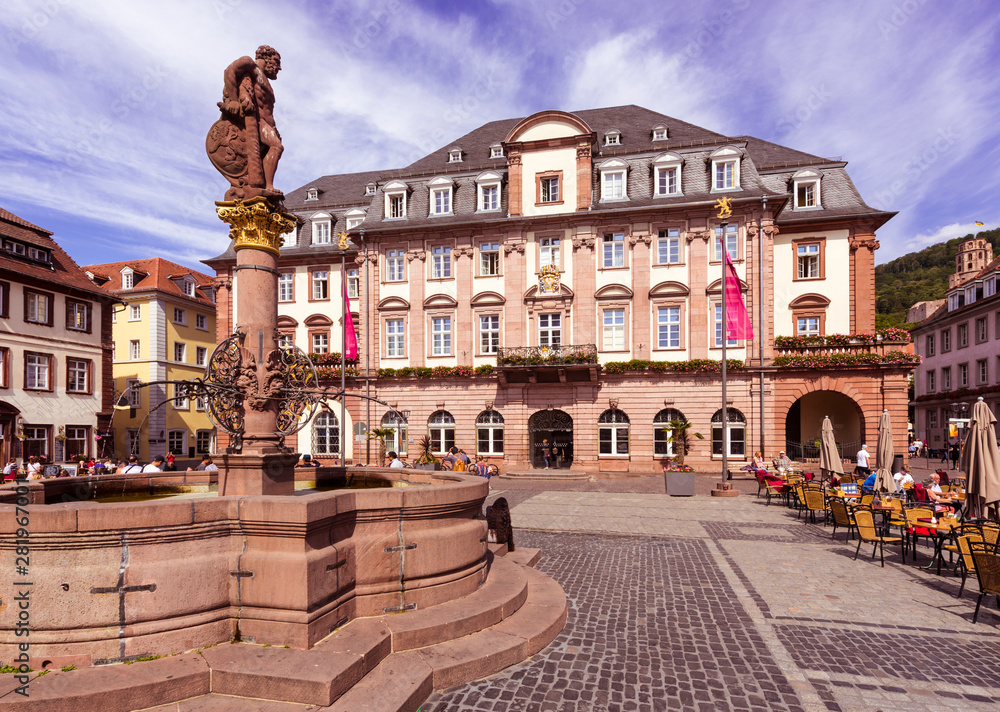 Heidelberg Town Hall with Market Square and Hercules Fountain. Baden Wuerttemberg, Germany, Europe