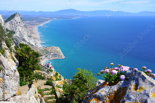 View of the Rock of Gibraltar, a British Overseas Territory on the South coast of Spain where the Mediterranean Sea meets the Atlantic Ocean