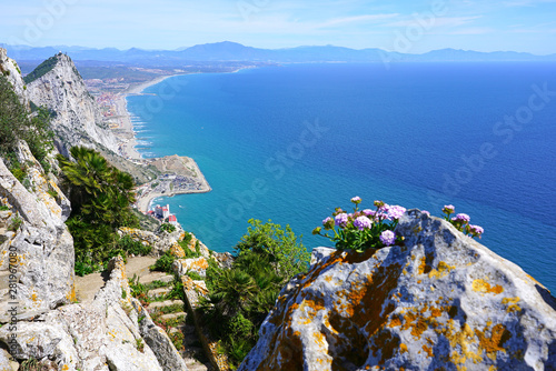 View of the Rock of Gibraltar, a British Overseas Territory on the South coast of Spain where the Mediterranean Sea meets the Atlantic Ocean