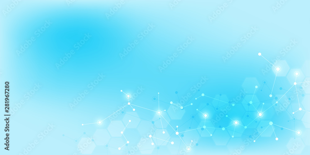 Abstract molecules on soft blue background. Molecular structures or DNA strand, neural network, genetic engineering. Scientific and technological concept.