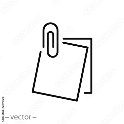 note paper, paperclip icon, clip paper thin line symbol on white background - editable stroke vector illustration eps 10