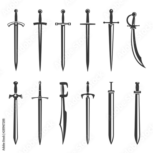 Ancient swords icon set, soldier and warrior armour