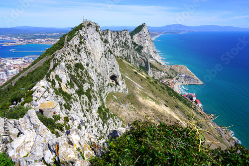 View of the Rock of Gibraltar, a British Overseas Territory on the South coast of Spain where the Mediterranean Sea meets the Atlantic Ocean