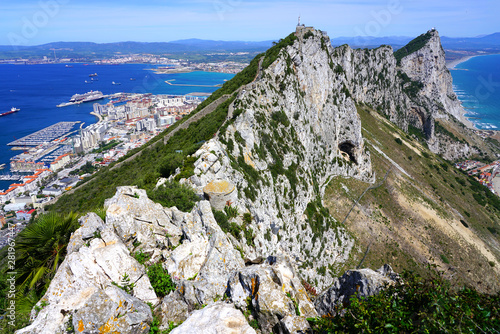 View of the Rock of Gibraltar, a British Overseas Territory on the South coast of Spain where the Mediterranean Sea meets the Atlantic Ocean