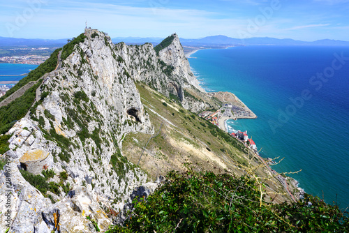 View of the Rock of Gibraltar, a British Overseas Territory on the South coast of Spain where the Mediterranean Sea meets the Atlantic Ocean