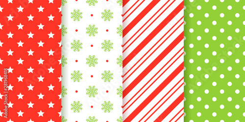 Christmas pattern. Vector. Holiday seamless background. Xmas, new year festive texture. Abstract, geometric textile print with stars, snowflakes, polka dots, candy cane stripes. Red green illustration