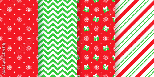 Christmas pattern. New year festive seamless texture. Vector. Holiday background. Set geometric textile prints with stars, snowflakes, zig zag, gift boxes, candy cane stripes. Red green illustration