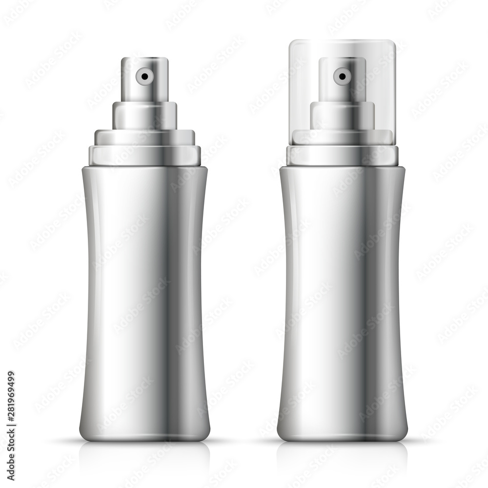 Vector set - 3d realistic metallic spray bottles with transparent cap ...