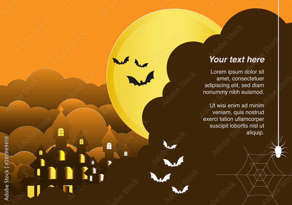 Paper art of big full moon, castle, bats in night time and text frame. Happy Halloween celebration concept, Flat and digital craft style vector illustration.